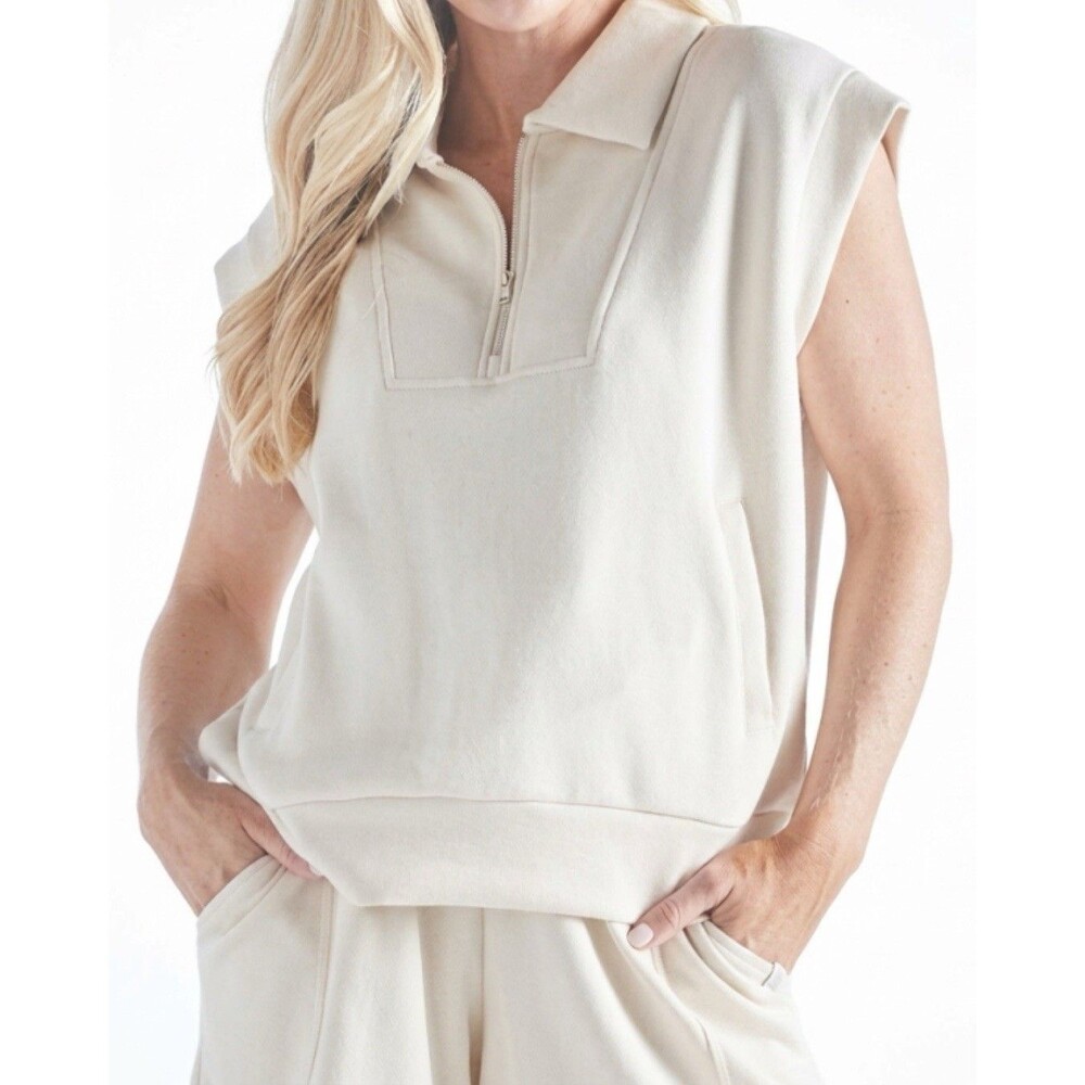 NWT Simply Southern Zip Tess Pullover Cap Sleeve Off White - Size Medium